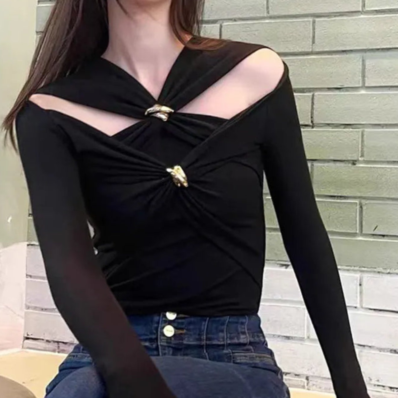 'Bella' criss-cross gold metal detailing top