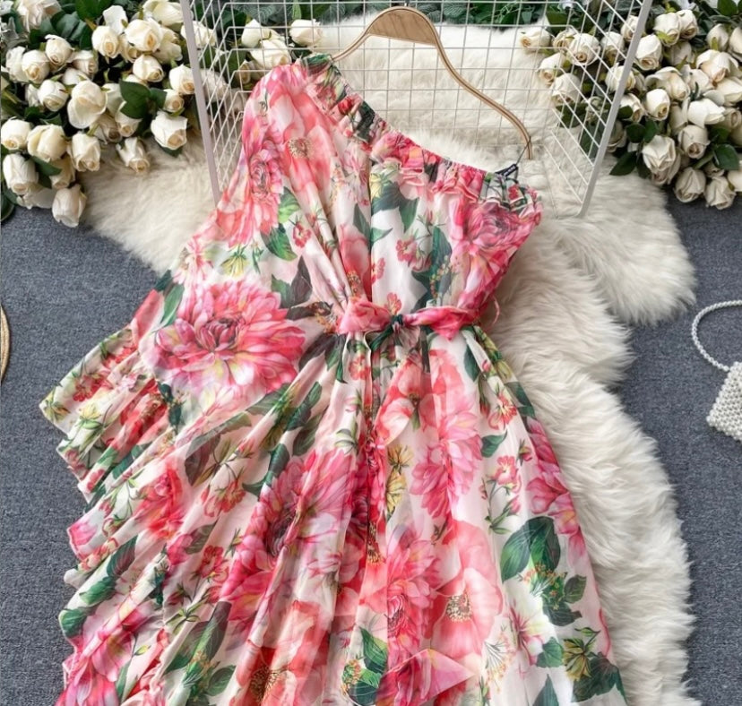 ‘Carolina’ floral, one-shoulder maxi dress.