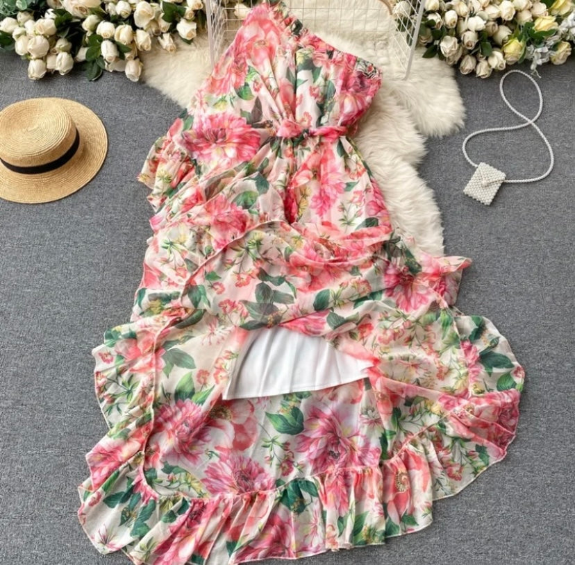 ‘Carolina’ floral, one-shoulder maxi dress.