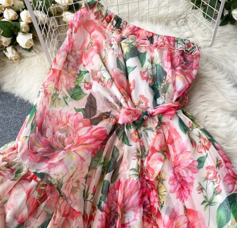 ‘Carolina’ floral, one-shoulder maxi dress.