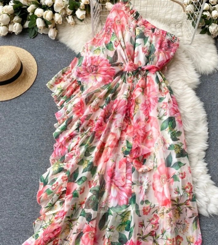 ‘Carolina’ floral, one-shoulder maxi dress.