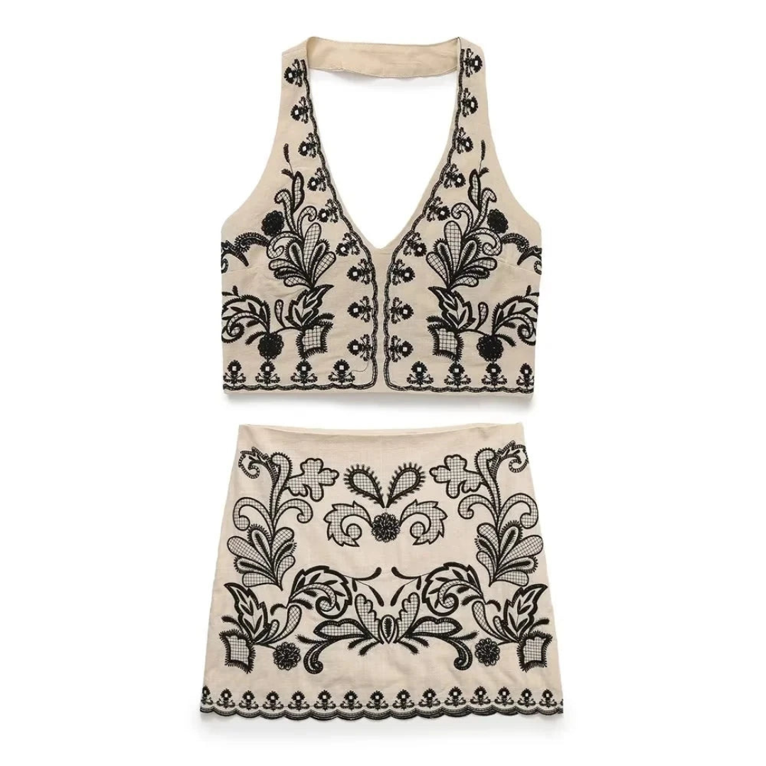 'City girl' halter neck crop top and skirt set.