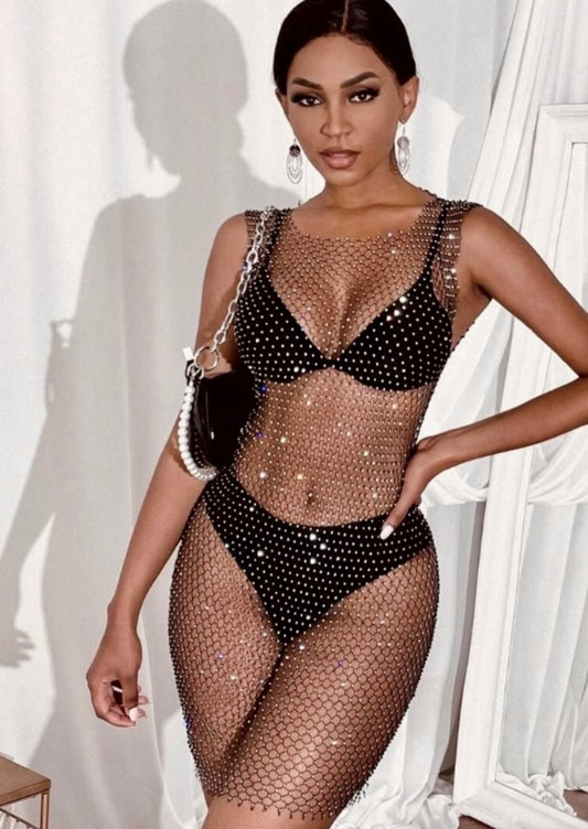 ‘Bling-it-on’, sleeveless mesh-dress.