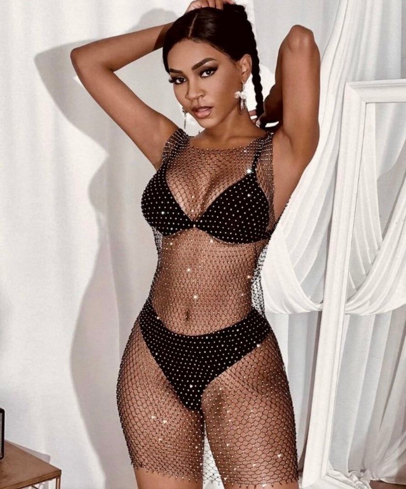 ‘Bling-it-on’, sleeveless mesh-dress.