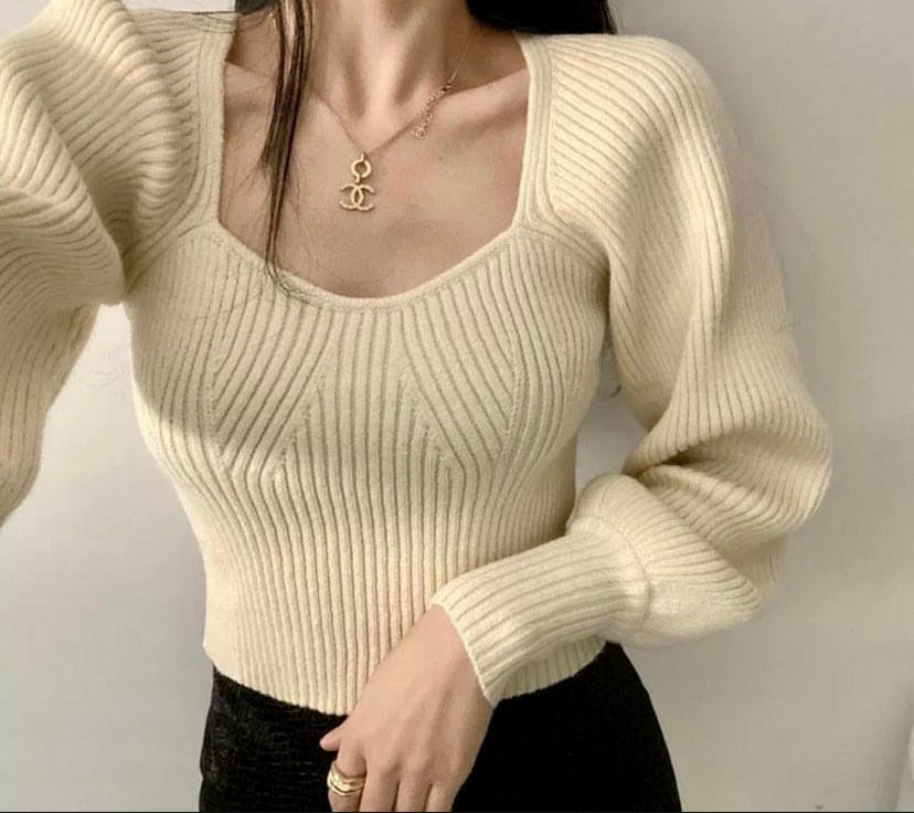 Square-neck, puff sleeved sweater