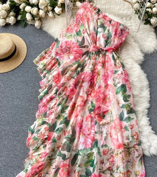 ‘Carolina’ floral, one-shoulder maxi dress.